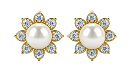 Pearl and diamond stud earrings in gold isolated on transparent background