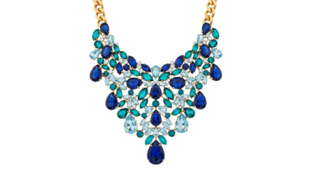 Blue and green gemstone statement necklace isolated on transparent background