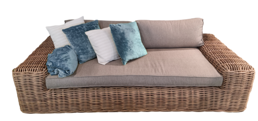 Canapé marron et beige de Jardin en Rotin avec coussins bleus – Mobilier Extérieur Design et naturel isolé sur fond transparent pour aménagement, décoration paysager ou architecture