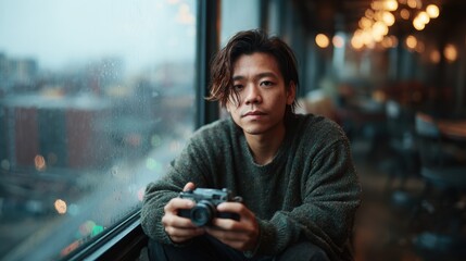 A thoughtful man sits by a rainy window, holding his camera, lost in contemplation, capturing the beauty of the moment with a unique perspective on life and art.