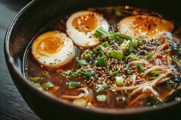 Close-up ramen bowl, rich broth, noodles