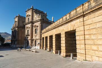 View of Porta Felice, historic city gate of Palermo, Sicily. Monument dating back to the 17th century. Palermo, Sicily, Italy, 