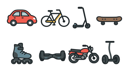 Icons of diverse transportation methods: scooter, bicycle, skateboard, car, bike, segway © ihor