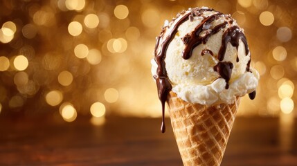 A scrumptious ice cream cone topped with rich chocolate sauce and a sprinkle of toppings, epitomizing indulgence, summer joy, and delightful desserts for everyone.