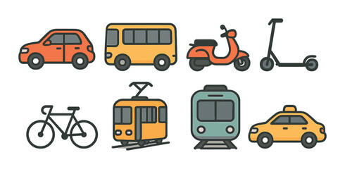 Collection of various urban transportation icons: car, bus, scooter, bike, tram, train, taxi