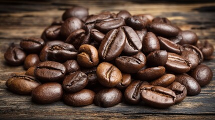 A close-up view of a pile of roasted coffee beans resting on a rustic wooden surface.