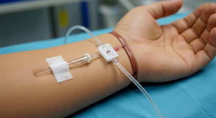 IV Line Inserted into Arm with Medical Tape and Plastic Connector on Blue Surface