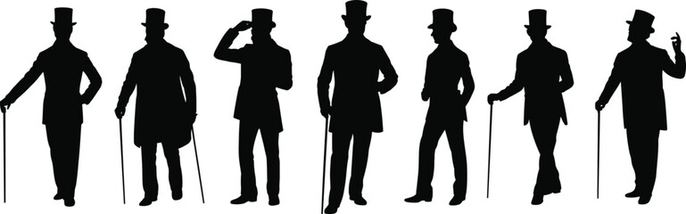 Gentleman silhouette collection with top hat and cane, vintage Victorian style men illustration, elegant historical fashion vector art for retro design themes