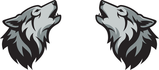 Two Wolves Howling Heads Facing Each Other in Silhouette on Transparent Background