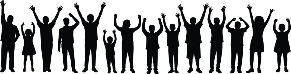 Group of people silhouette, happy crowd vector, family celebration illustration, community gathering art, cheering people design, unity and togetherness concept, human figures raising hands