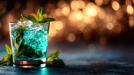A vibrant blue cocktail garnished with fresh mint leaves and ice, signifying relaxation and sophistication in a cozy ambiance, perfect for social gatherings or celebrations.