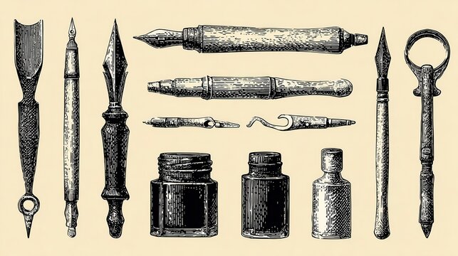 Vintage ink writing implements and inkwell set.