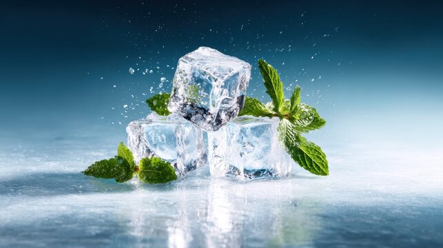 Three ice cubes splash into water, accompanied by fresh mint leaves, creating a refreshing scene that evokes coolness and vibrancy in culinary presentations.