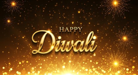 Happy diwali greeting with golden text and fireworks on a dark background
