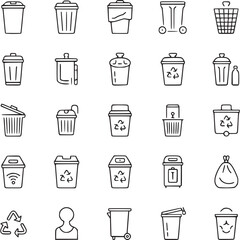 Vector art of collection of line art icons representing various types of trash bins and waste containers