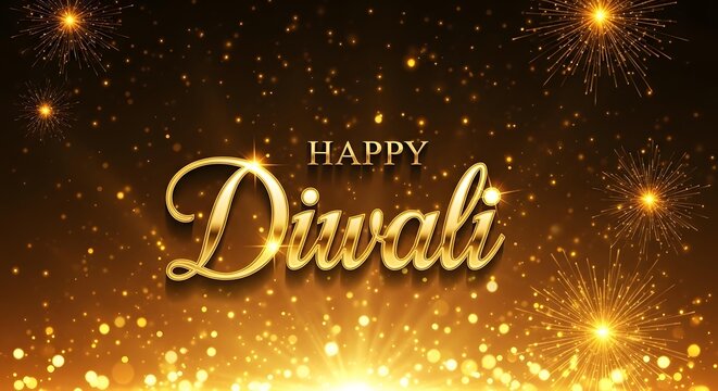 Happy diwali greeting with golden text and fireworks on a dark background