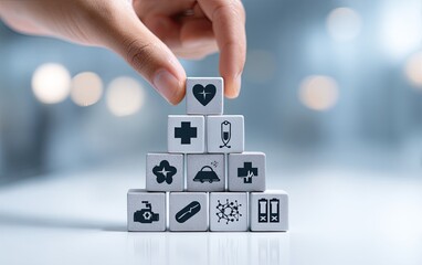 A hand places a heart-shaped block atop a pyramid of medical icons