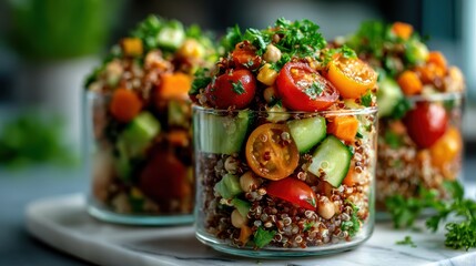 A vibrant quinoa salad filled with fresh vegetables served in elegant glass jars, perfect for a nutritious meal or an appealing food presentation.