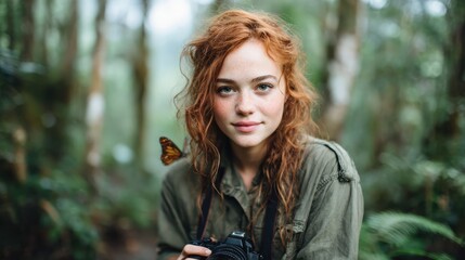 A young woman holds a camera in the lush green forest, embodying the joy of photography and connecting with nature amidst serene surroundings.