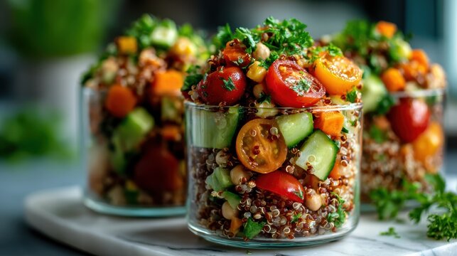 A vibrant quinoa salad filled with fresh vegetables served in elegant glass jars, perfect for a nutritious meal or an appealing food presentation. - Powered by Adobe