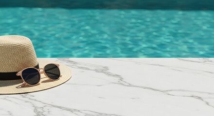 Summer Vacation Essentials: Straw Hat and Sunglasses by Poolside Marble