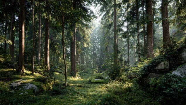 Sunlight streams through a dense forest (2)