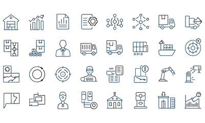 Supply chain and logistics thin line icon set with warehouse, delivery, factory, shipping, and inventory management symbols