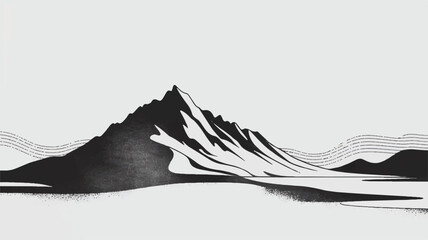 A minimalist black and white digital illustration of a stark mountain range with a calm foreground, a serene and graphic abstract landscape.