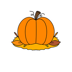 A cartoon pumpkin with a stem and leaf on top