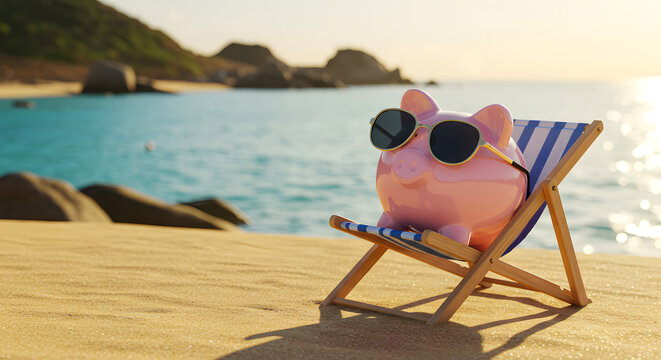 Pink Piggy Bank Relaxing on Beach Lounger, Summer Vacation Savings Concept, Tropical Beach Setting
