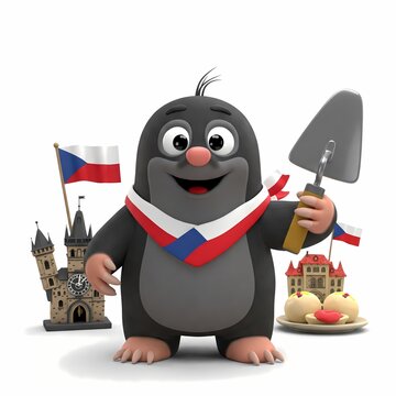 Cute Cartoon Mole Character with Czech National Symbols


