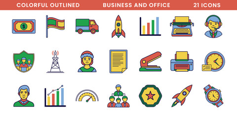 Obraz premium Business and Office Vector Icon Set. Flat Colorful Outlined Icons for Finance, Communication, and Productivity