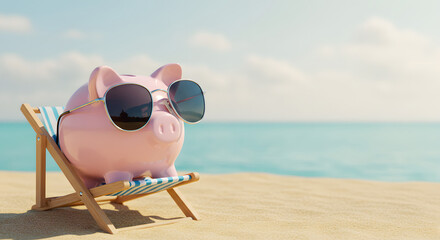 Pink Piggy Bank in Sunglasses Relaxing on Beach Chair, Summer Vacation Savings Concept, 3D Render