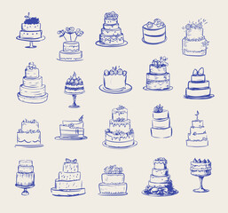 Hand drawn cozy food illustrations. Whimiscal style illustrations. Cake drawings for wedding invitations, menus and parties. Ink doodle sketch style