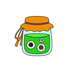 A cartoon jar with green liquid inside and a yellow hat on top
