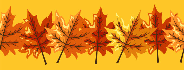 Seamless pattern of maple leaves on a yellow background. Vector illustration
