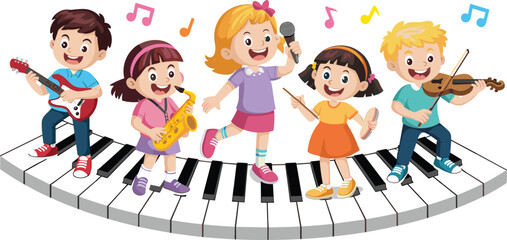 kids, playing, music, instruments, cartoon, children, band, piano, guitar, saxophone, microphone, 