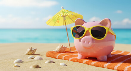 Obraz premium Pink Piggy Bank in Sunglasses on Beach Towel, Tropical Vacation Savings Concept, Summer Fun
