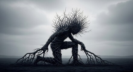 Conceptual dark art depicting a sorrowful tree-like figure kneeling. Ideal for mental health awareness, grief support, or nature-themed dark fantasy projects. Eerie, powerful visual.