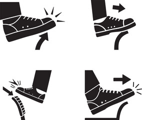 Foot pressing down on a pedal or lever in a sequence of actions silhouette isolated on white background