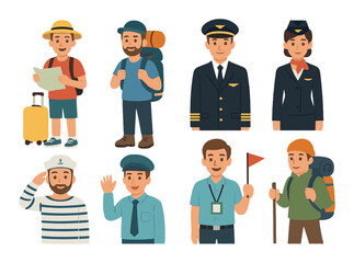 Diverse cartoon figures in travel and occupation attire - male and female characters