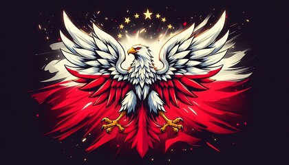 Majestic Polish White Eagle on a Red and White Flag Background with Golden Stars

