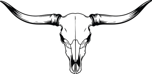 Detailed Bull Skull Illustration in Black and White on Transparent Background silhouette bull skull illustration black white style The transparent background valuable feature for designers