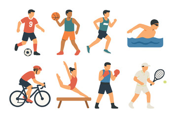 Athlete diversity: soccer, basketball, running, swimming, cycling, gymnastics, boxing, tennis