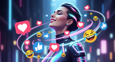 Joyful Cyborg Woman Surrounded by Social Media Icons in Neon Cityscape; Futuristic, Vibrant, Positive Mood.