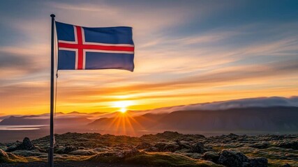 Icelandic Flag Waving at Sunset - The Icelandic flag proudly waves on a flagpole against a breathtaking sunset.