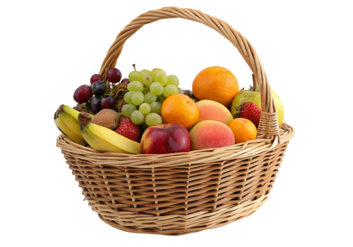 Wicker basket full of fresh assorted fruits including grapes bananas and apples for healthy snacks