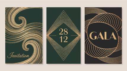 Elegant event invitations in Art Deco style with swirling and geometric golden designs on a dark background