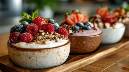 A delightful assortment of yogurt bowls topped with fresh berries and mint leaves, presenting a delicious, healthy, and visually appealing treat full of flavor.