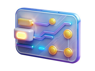 Abstract circuit board design with glowing elements in blue and gold tones network communication and digital connection illustration 3d rendering plastic style icon on transparent background